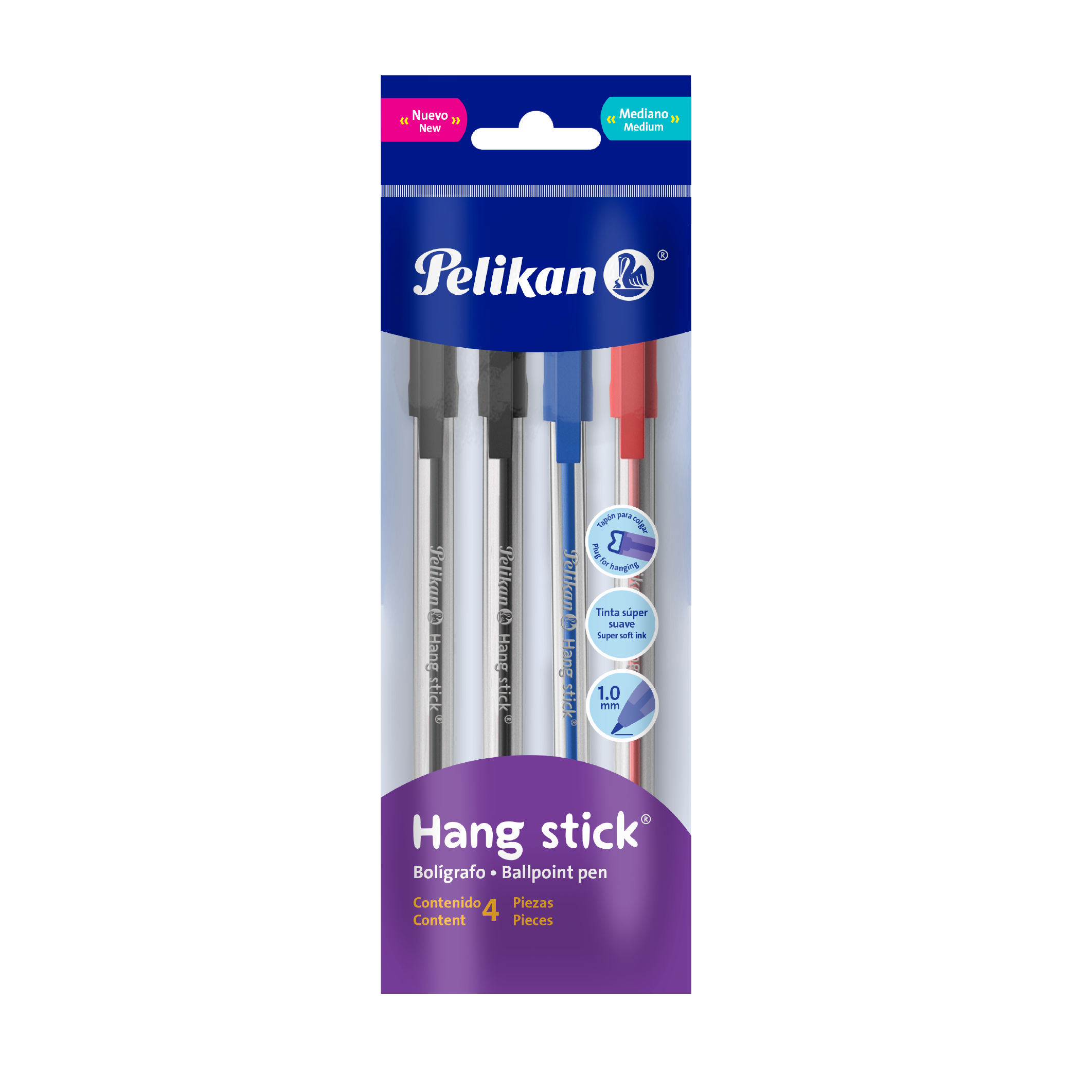 Bolígrafos Pointec polybag con 4 piezas: 2 negros, 1 azul y 1 rojo